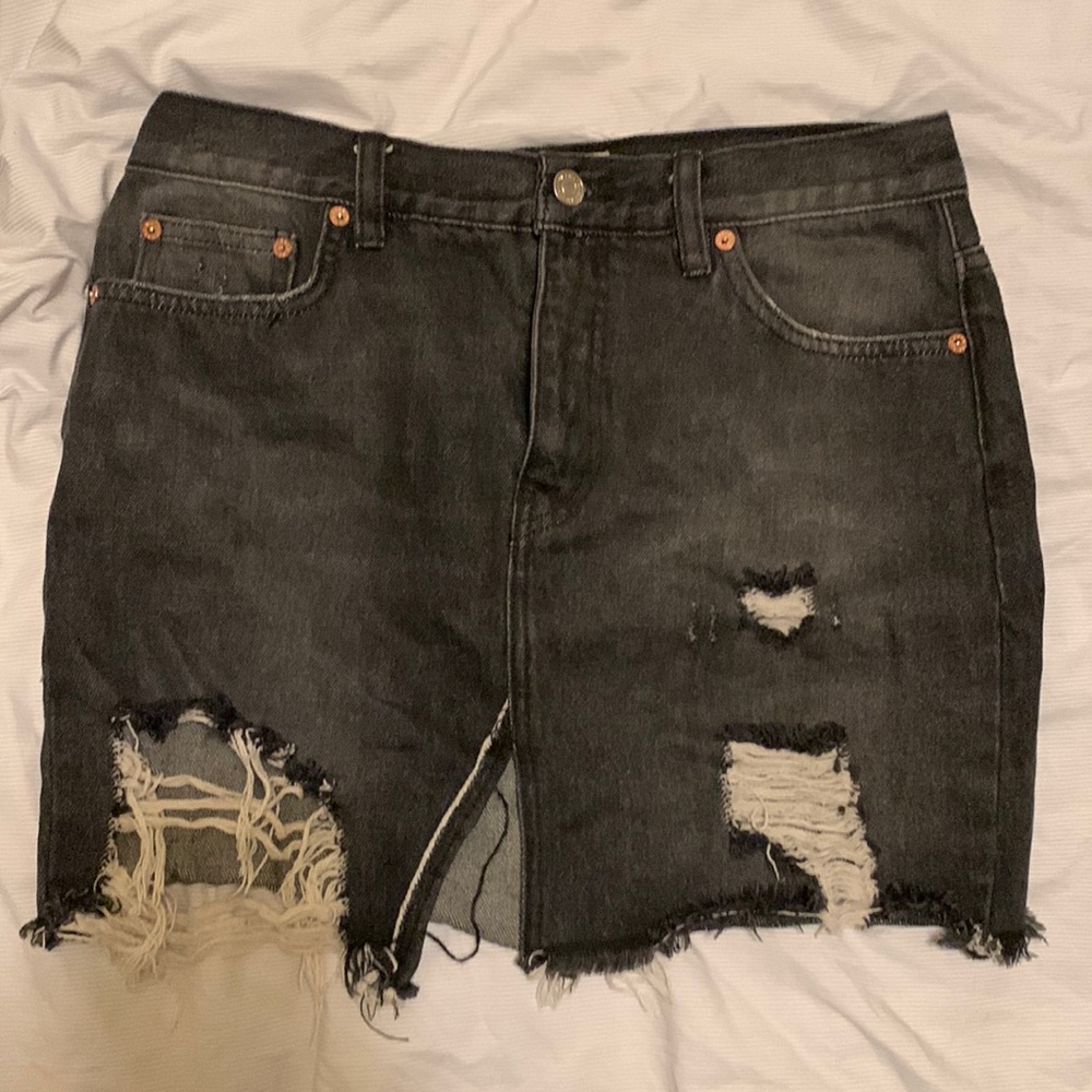 Free People distressed black denim mini skirt